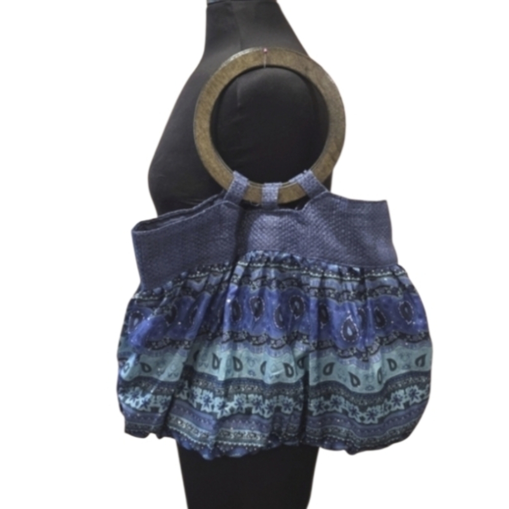 Mermaid Boho Handbag Vintage Y2K Vacation Blue & Green Tote Bag Wood Handle
